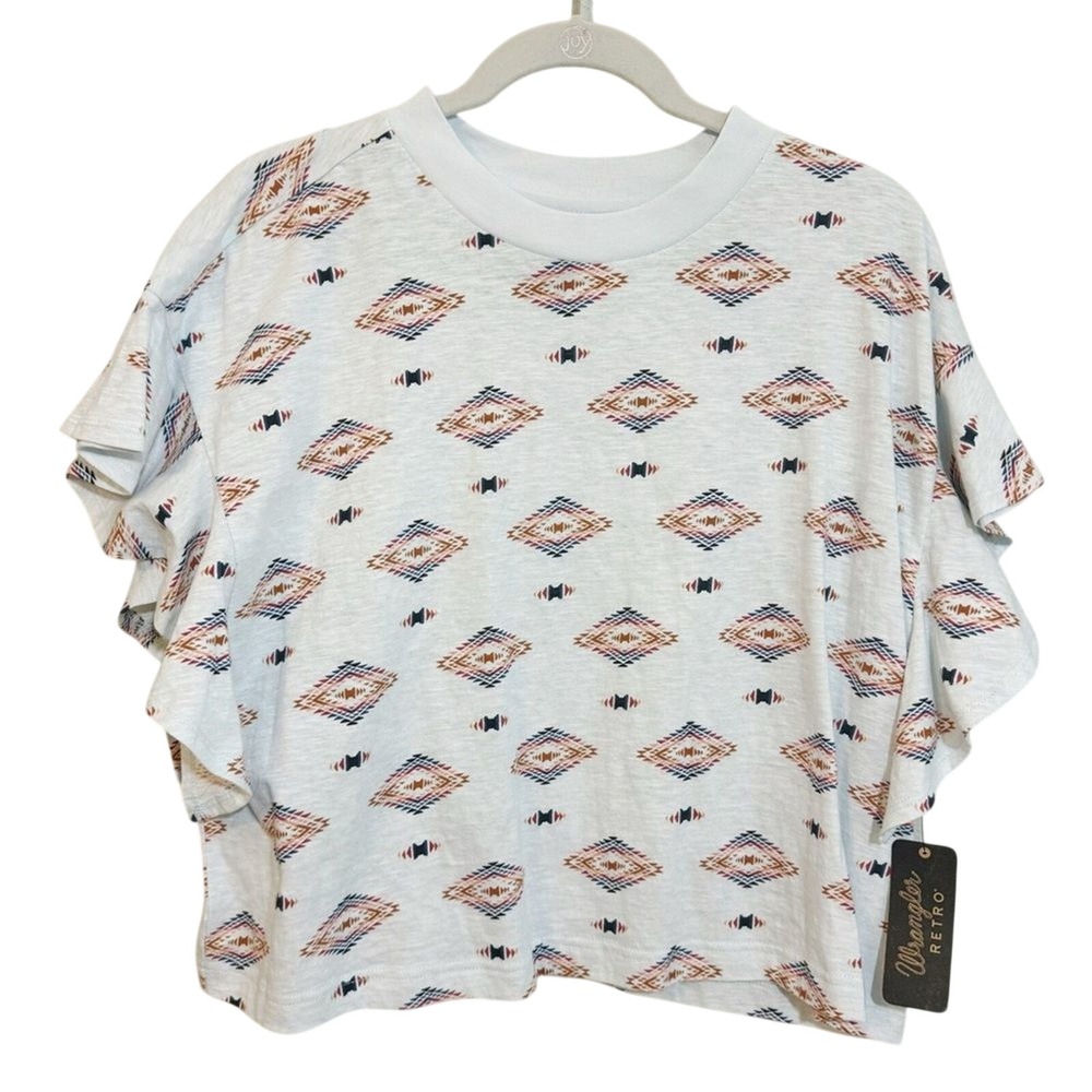 Wrangler Retro Womens Blue Aztec Flutter Sleeve Cotton Graphic Tee Shirt S NEW